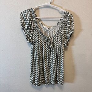 Max Studio Women's Size L Green White Abstract Print Short Sleeve Tie Neck Top‎